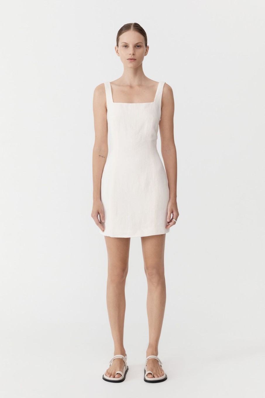 Women St. Agni Dresses | Linen Square Neck Mini Dress - White