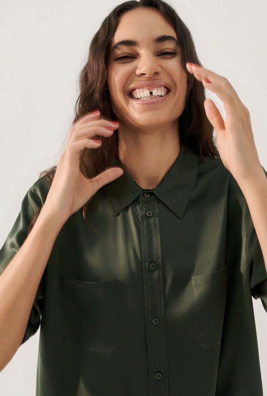 Women Silk Laundry Sets | Short Sleeve Boyfriend Shirt Thyme