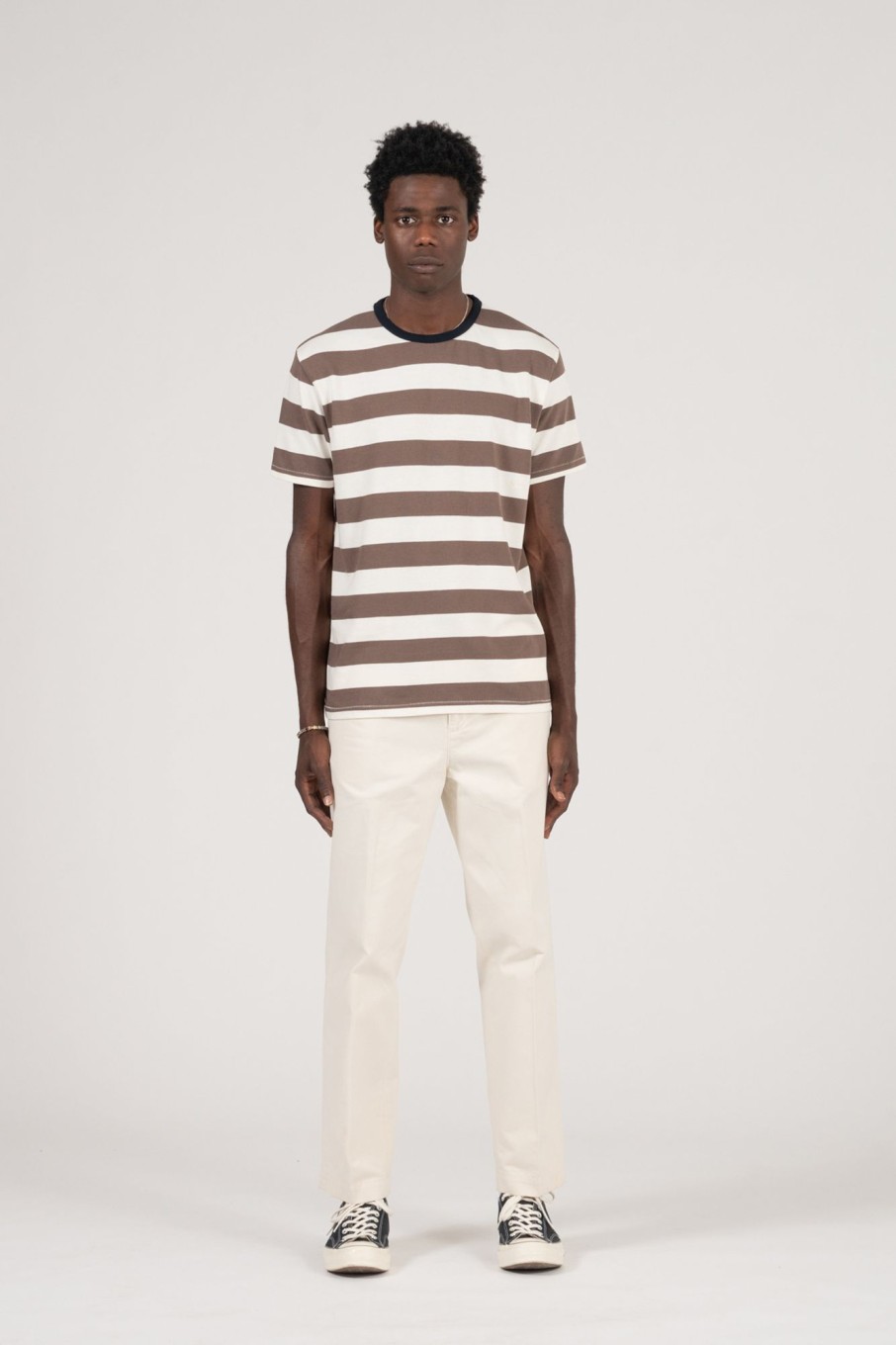 Men Knickerbocker Tops | Bar Stripe Tee White / Brown