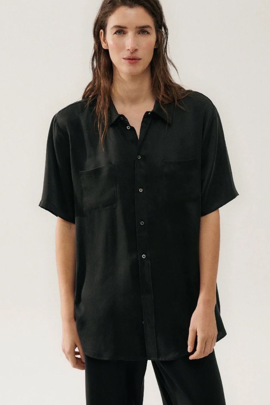 Women Silk Laundry Sets | Short Sleeve Boyfriend Shirt Black