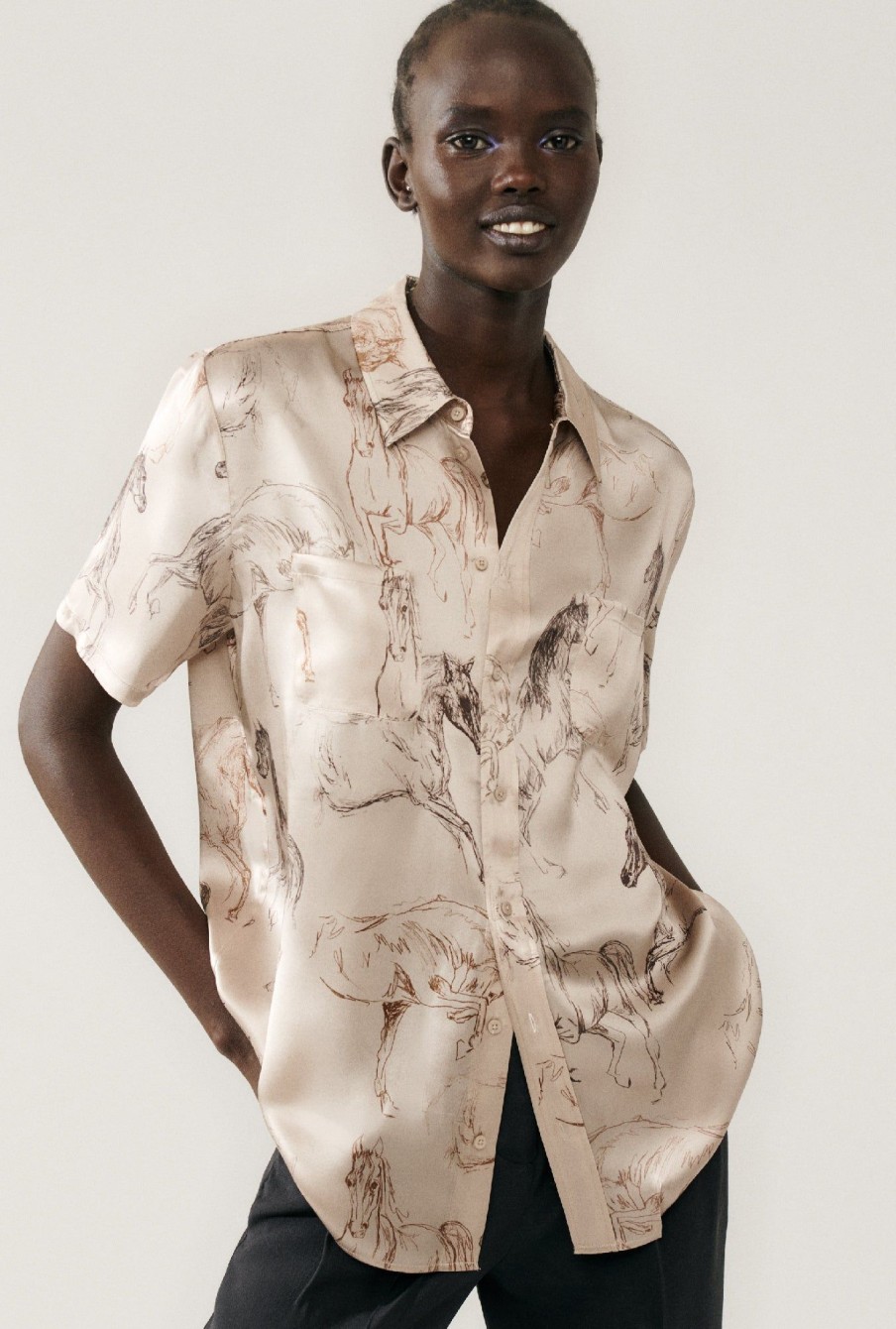 Women Silk Laundry Tops | Short Sleeve Boyfriend Shirt Wild Horses