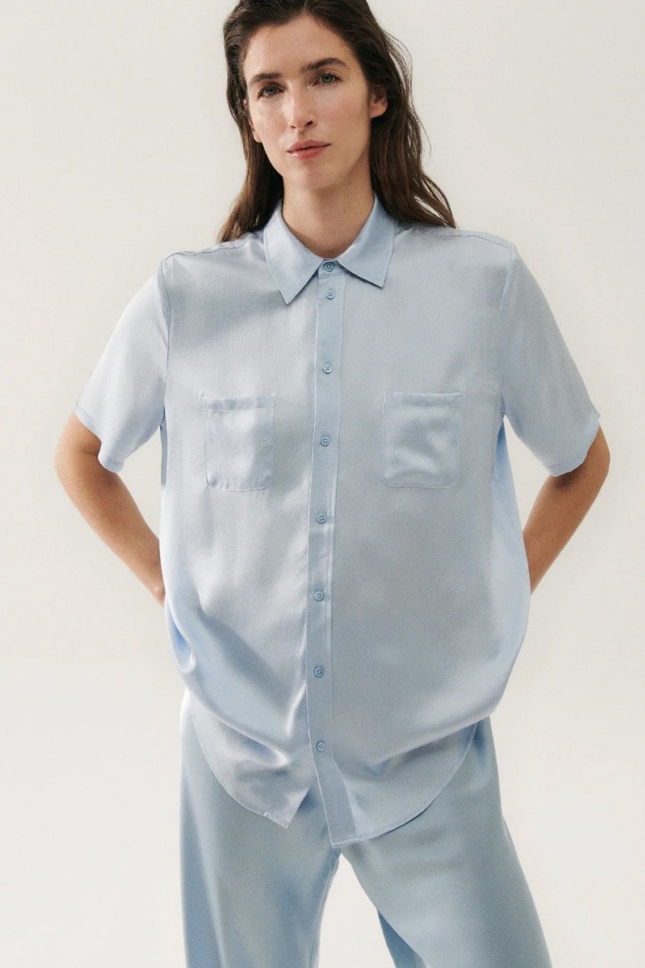 Women Silk Laundry Sets | Short Sleeve Boyfriend Shirt Sky