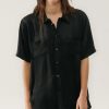 Women Silk Laundry Tops | Short Sleeve Boyfriend Shirt Black