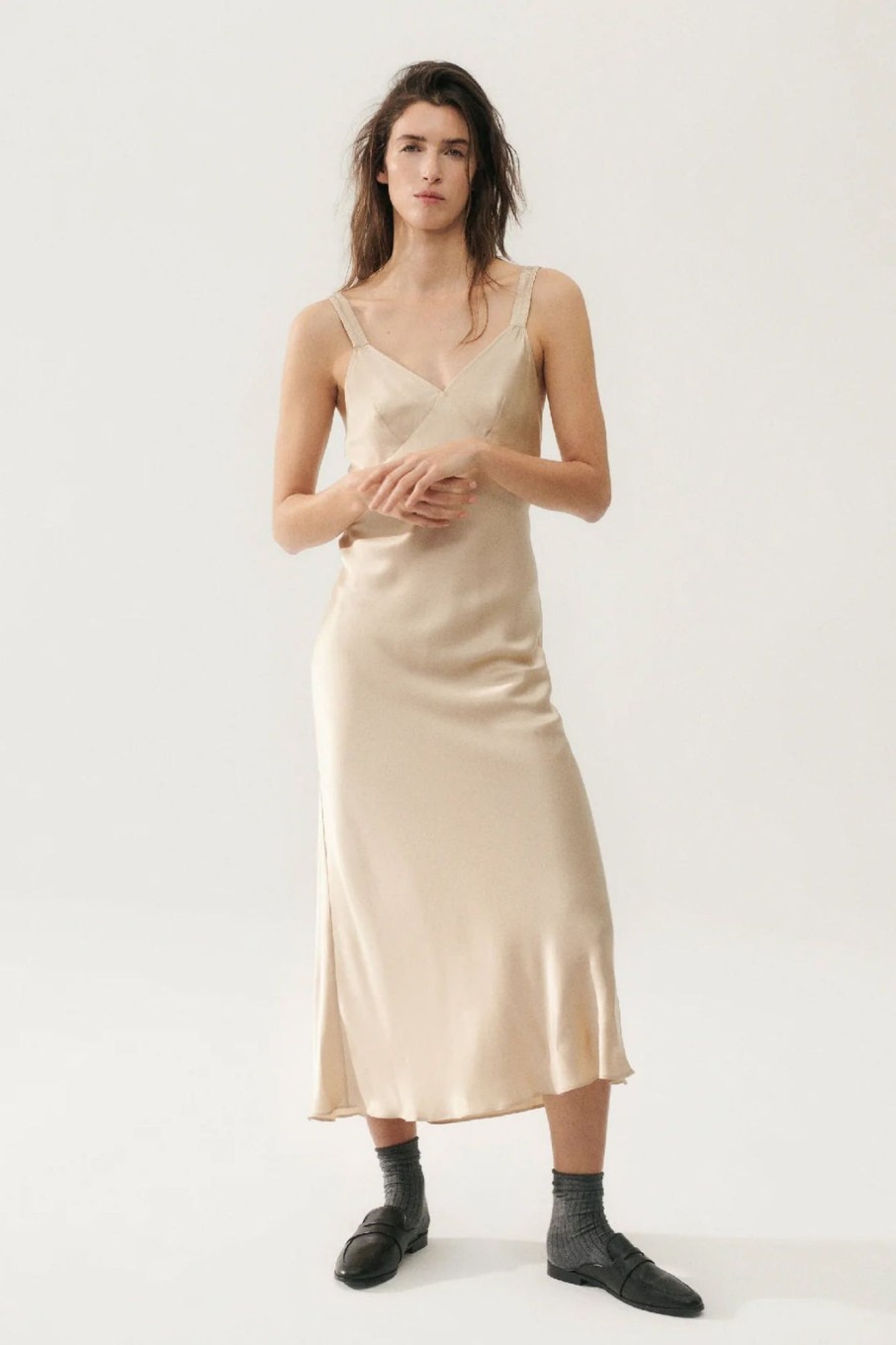 Women Silk Laundry Dresses | Deco Ruched Dress Hazelnut